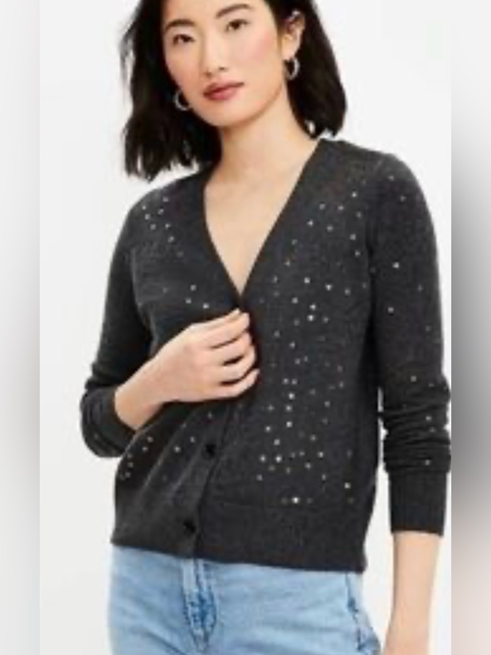 LOFT Charcoal Star Sequin V-Neck Cardigan Large